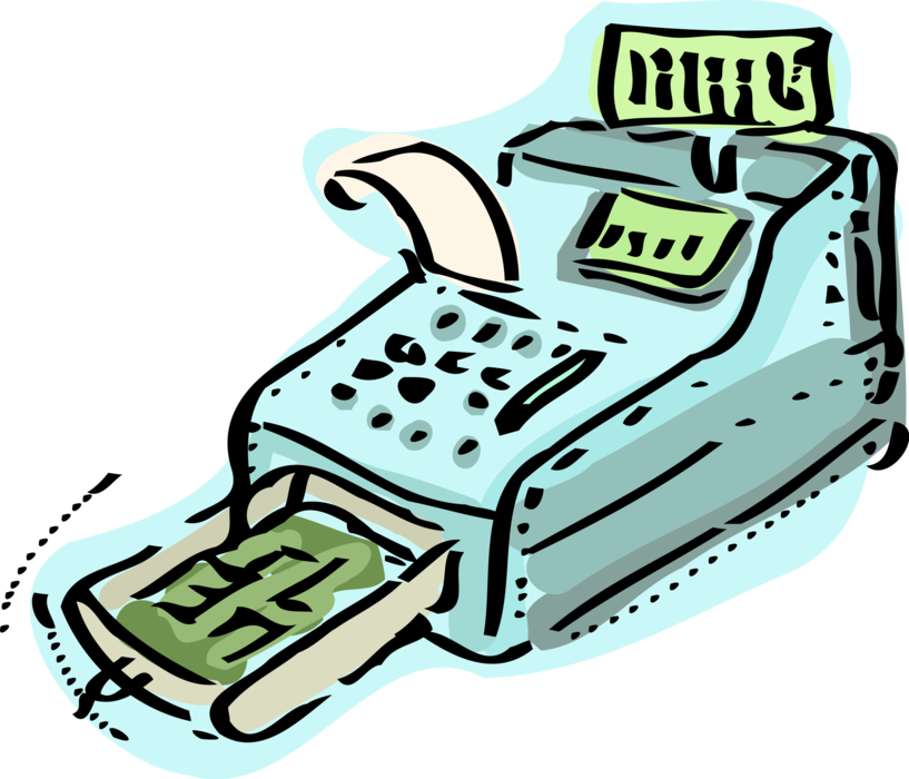 Vector Illustration of Cash Register for Registering and Calculating Retail Sales Transactions with Money Drawer
