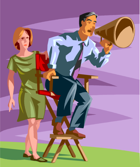 Vector Illustration of Businessman Coach Yells Instructions with Megaphone or Bullhorn to Amplify Voice