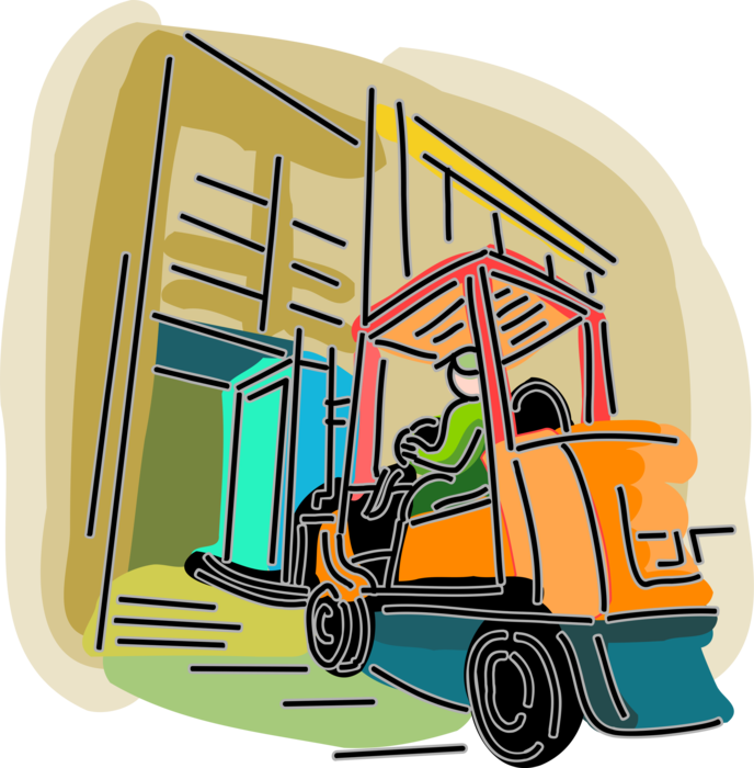Vector Illustration of Industrial Forklift Truck Lifts Heavy Objects in Warehouse