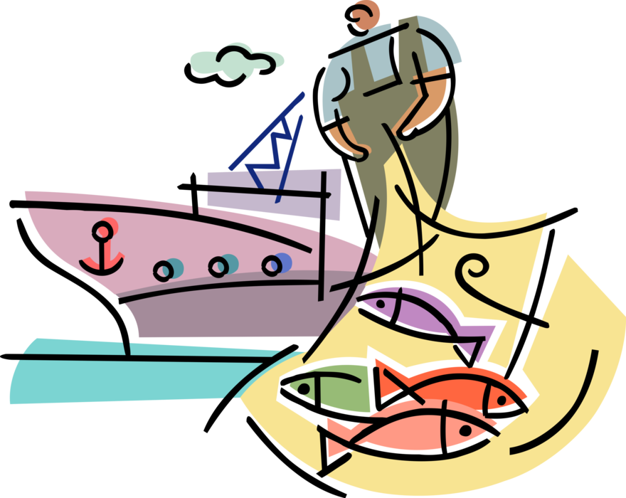 Vector Illustration of Commercial Fishing Industry Fisherman Angler with Trawler Ship and Fish Catch in Net