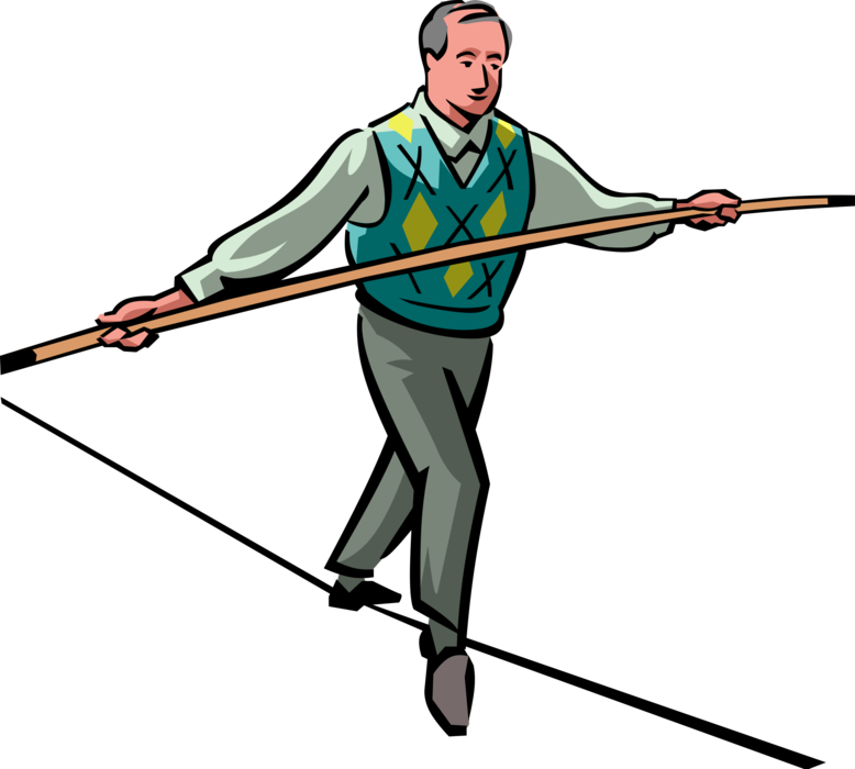 Vector Illustration of Businessman Takes Risks and Balances Walking Highwire Tightrope