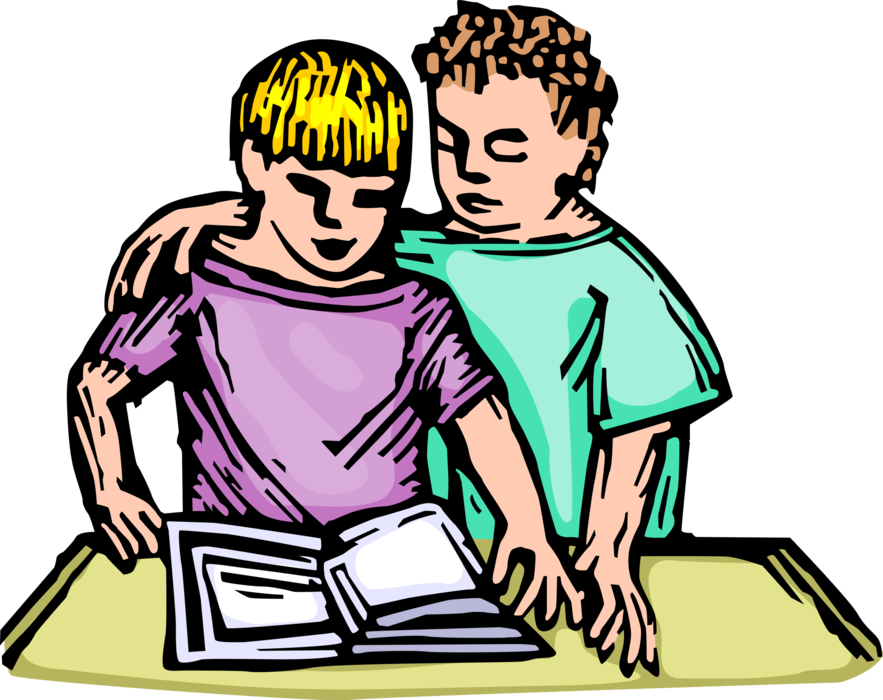 Vector Illustration of Grade School Students in Classroom Learning to Read