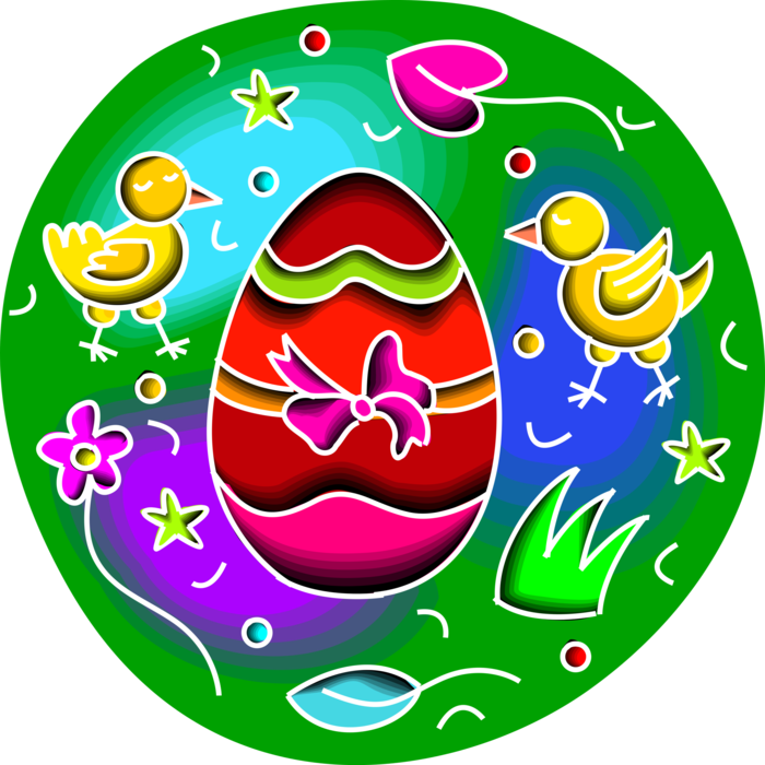 Vector Illustration of Yellow Chicks and Decorated Easter Egg with Ribbon