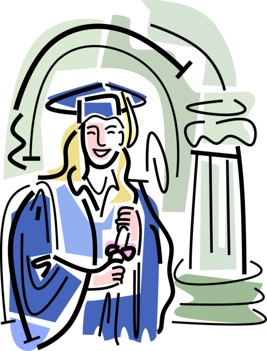 Vector Illustration of High School, College, or University Graduate at Graduation Ceremony in Mortarboard Cap and Gown, Diploma