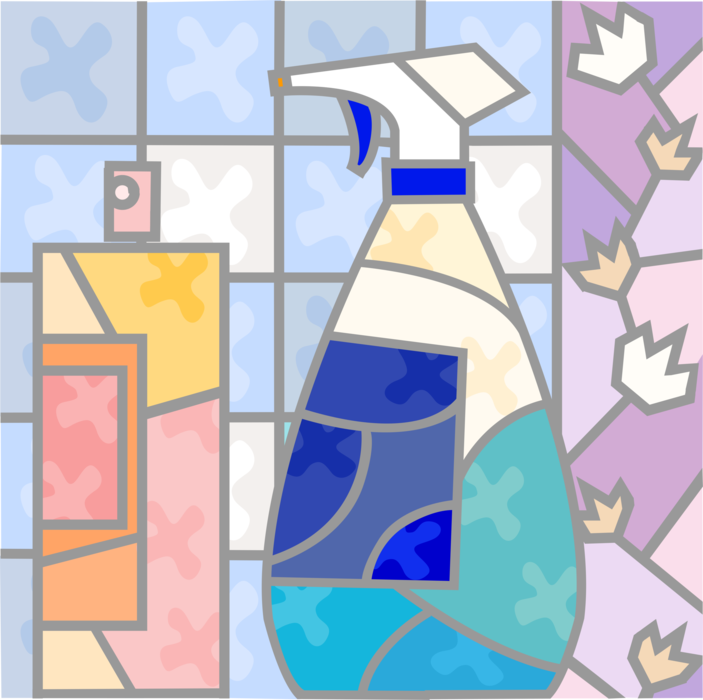 Vector Illustration of Window Cleaner Spray Bottle and Aerosol Cleaner with Floral Ceramic Tiles