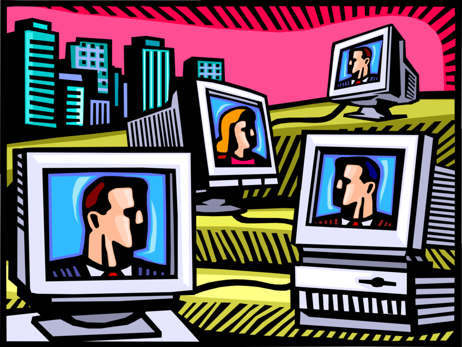 Vector Illustration of Business Associates Engage in Online Internet Streaming Video Meeting with Webcam Cameras