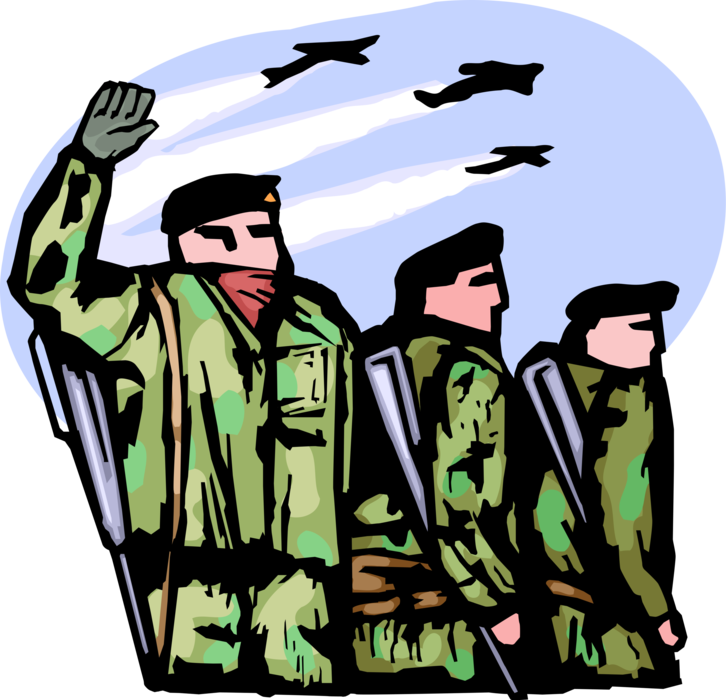 Vector Illustration of Heavily Armed United States Military Soldiers Salute Air Force Pilots Flying Overhead