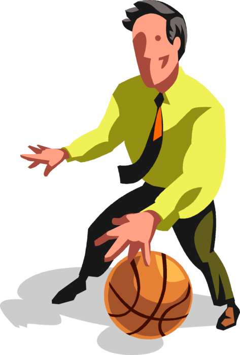 Vector Illustration of Businessman Basketball Player Dribbles Basketball During Game