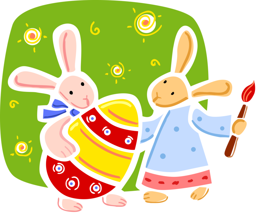 Vector Illustration of Pascha Easter Bunny Rabbits Paint Decorated Easter Egg with Paintbrush