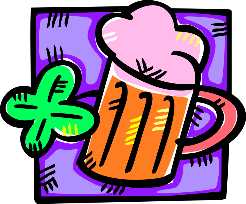 Vector Illustration of Mug of Beer with St. Patrick's Day Four Leaf Clover Lucky Shamrock