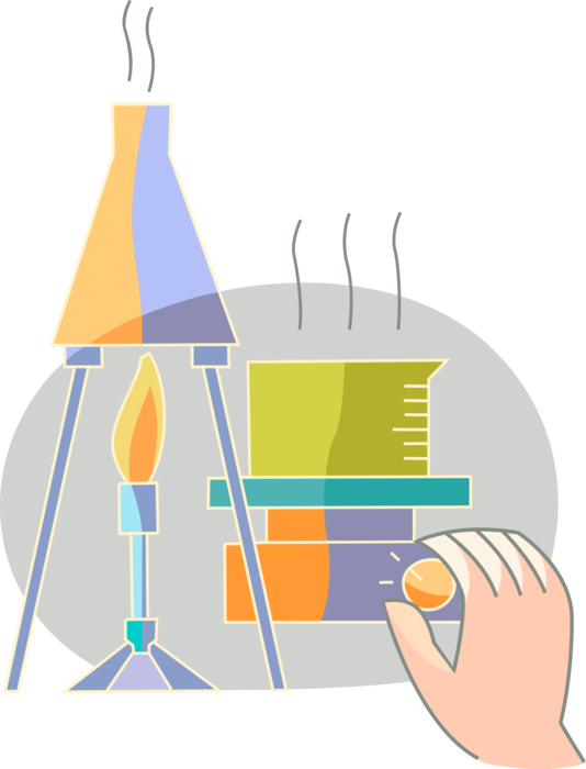 Vector Illustration of Hand Adjusts Controls in Chemistry Research Laboratory with Beakers Flasks and Bunsen Burner