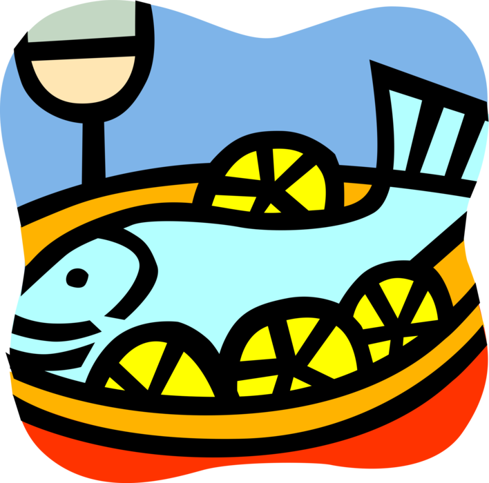 Vector Illustration of Baked Fish Dinner with Citrus Fruit Lemons, Wine Glass