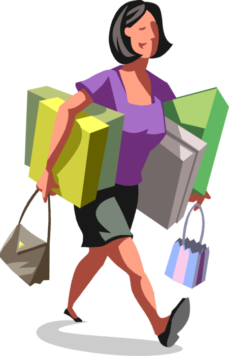 Vector Illustration of Retail Therapy Shopper Walks Home with New Purchase Packages and Purse After Shopping Expedition