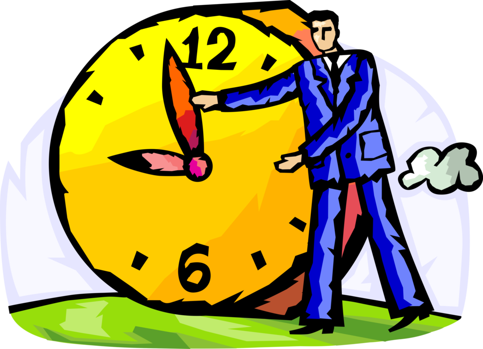 Vector Illustration of Businessman Moves Back Hands of Time Clock to Buy Time Hoping to Improve Business Outcome