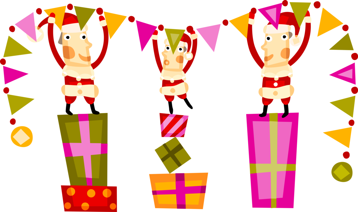 Vector Illustration of Many Santa Claus, Saint Nicholas, Saint Nick, Father Christmas, Hang Banner Standing on Gifts