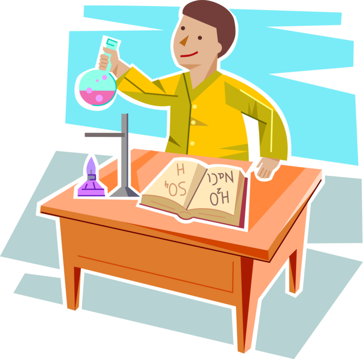 Vector Illustration of Primary or Elementary School Student Boy Performs Science Experiment in School Classroom