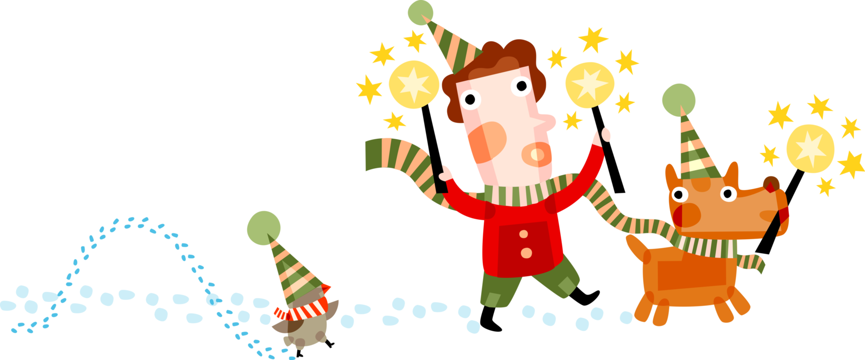 Vector Illustration of Boy with Pet Dog and Bird Carry Candles and Sing Christmas Carols