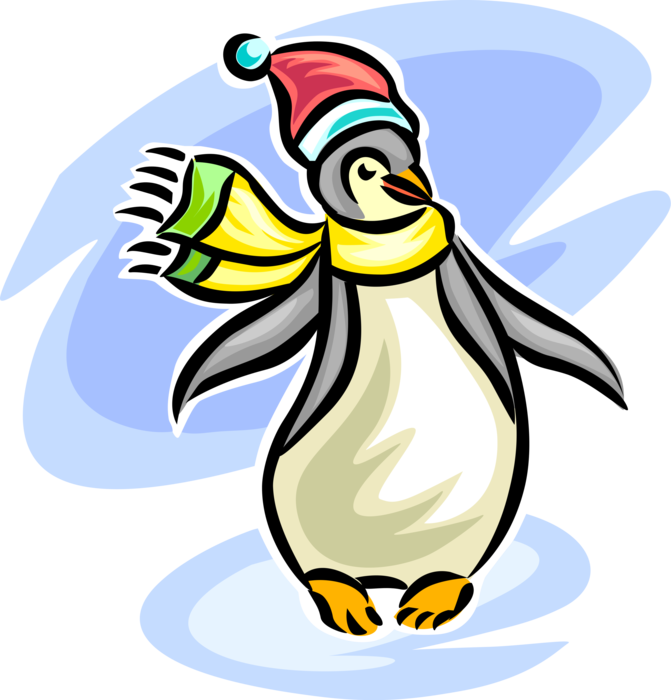 Vector Illustration of Aquatic Penguin Flightless Bird from Antarctica with Christmas Santa Claus Hat and Scarf