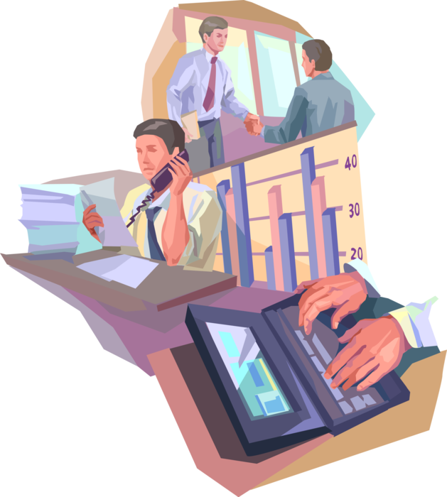 Vector Illustration of Normal Business Workday Interactions with Customers, Phone Inquiries, and Online Research