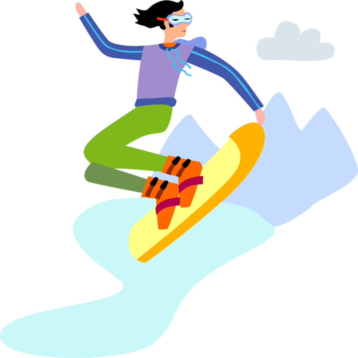 Vector Illustration of Snowboarder Snowboarding Down Mountain Slopes on Snowboard