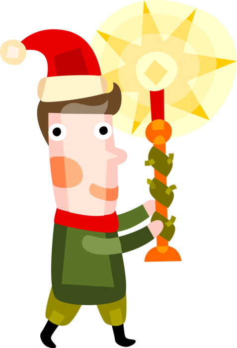 Vector Illustration of Boy Wearing Santa Hat Carries Christmas Candle