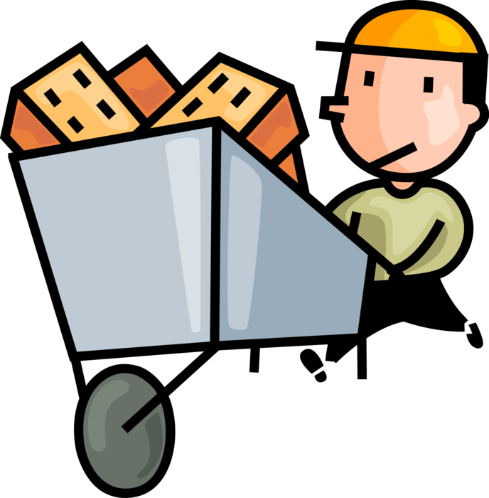 Vector Illustration of Mason Bricklayer with Load of Masonry Bricks in Wheelbarrow at Construction Site