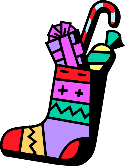 Vector Illustration of Festive Season Christmas Stocking with Gifts and Candy Cane