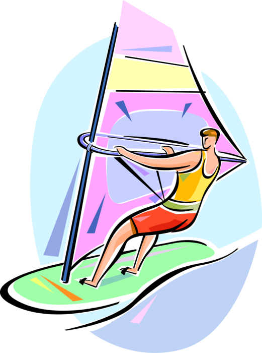 Vector Illustration of Windsurfing Windsurfer Rides Waves Powered by Wind on Sailboard