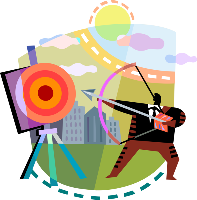 Vector Illustration of Businessman Archer Shoots Archery Bow and Arrow at Target Bullseye or Bull's-Eye