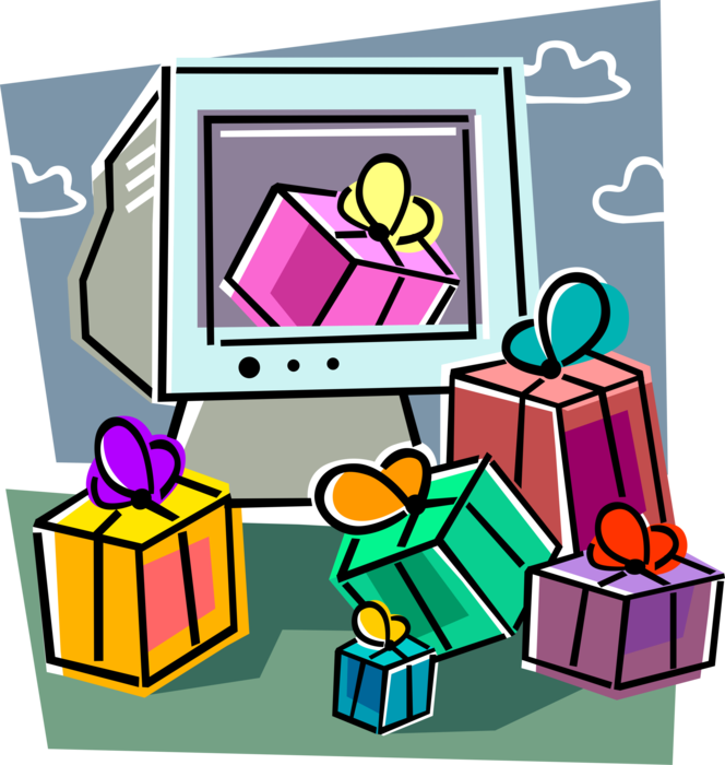 Vector Illustration of Internet Online Ecommerce Shopping with Gift Purchase Transactions via Computer