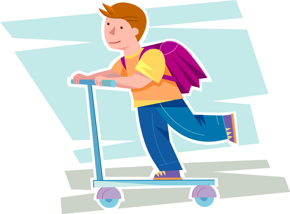 Vector Illustration of Primary or Elementary School Student Boy Rides Foot-Powered Scooter to School with Schoolbag Knapsack Backpack