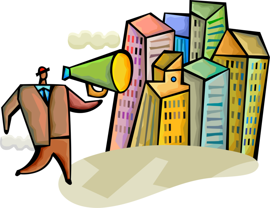 Vector Illustration of Businessman Makes Important Business Announcement with Megaphone Bullhorn to Amplify Voice