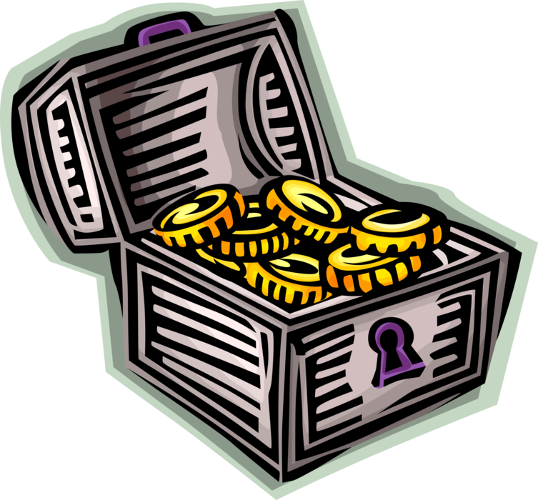 Vector Illustration of Buccaneer Pirate's Treasure Chest Holds Wealth and Gold Coins Great Riches