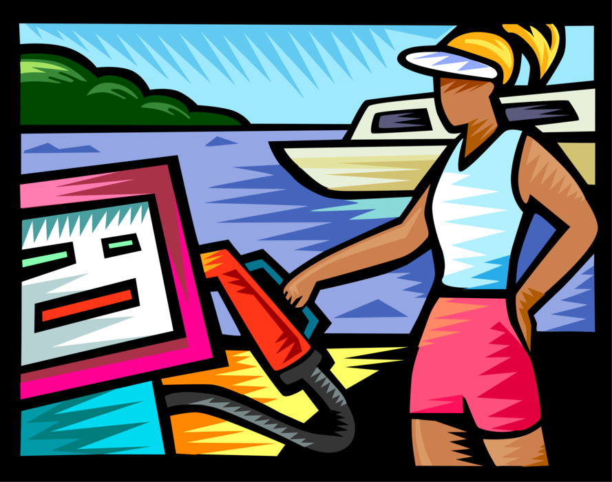 Vector Illustration of Woman with Gas Pump at the Marina