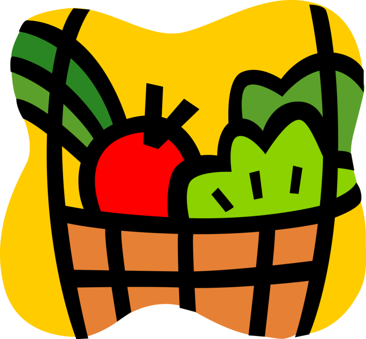Vector Illustration of Food Basket with Fresh Salad Greens and Tomato