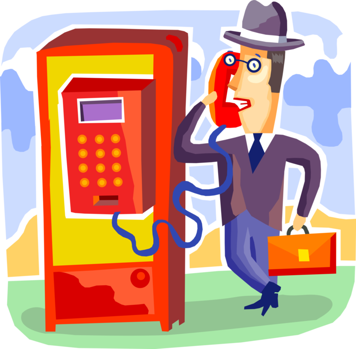 Vector Illustration of Businessman Makes Phone Call from Public Telephone Booth