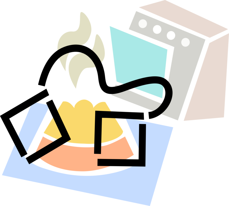 Vector Illustration of Baking Dessert Cake with Insulated Oven Mitts, Electric Oven Stove Range