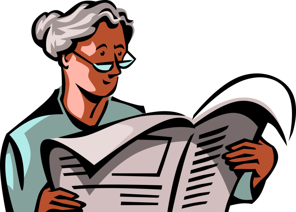 Vector Illustration of Senior Citizen Grandmother Reads Newspaper Serial Publication Containing News, Articles