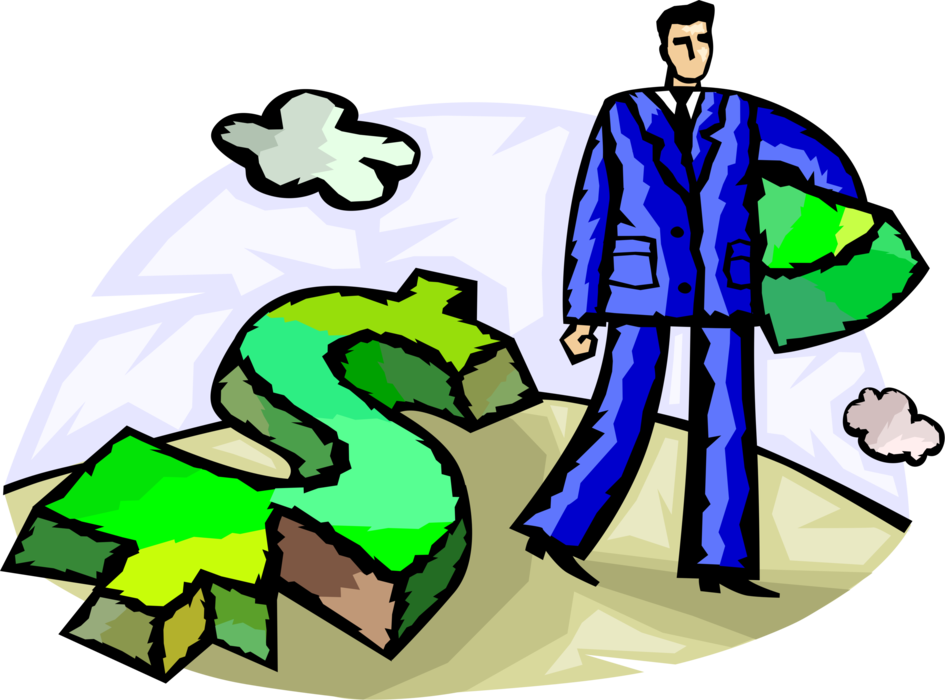 Vector Illustration of Businessman Grabs Share of Financial Profits with Cash Money Dollar Sign