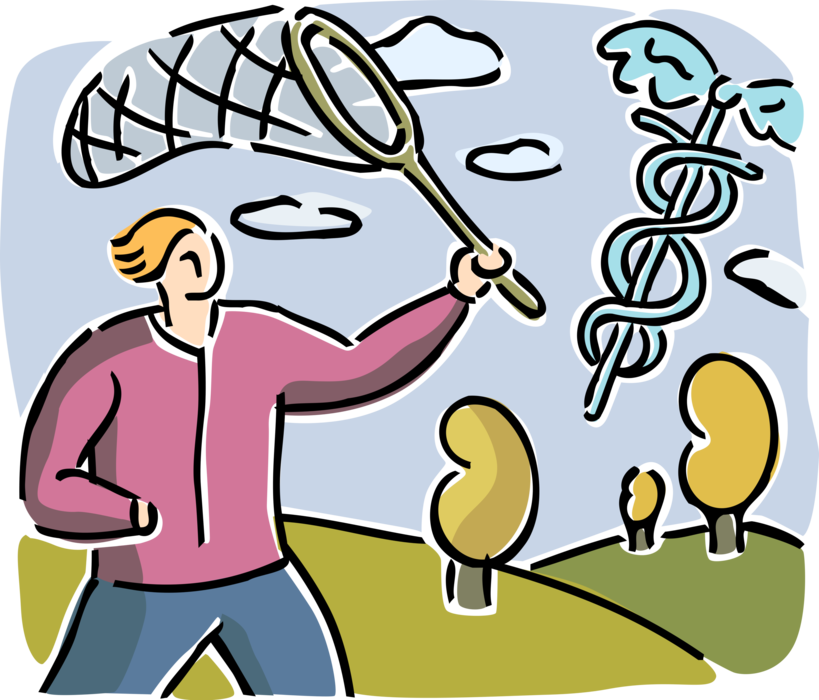 Vector Illustration of College and University Academic Student Chases Career in Medicine with Caduceus and Butterfly Net