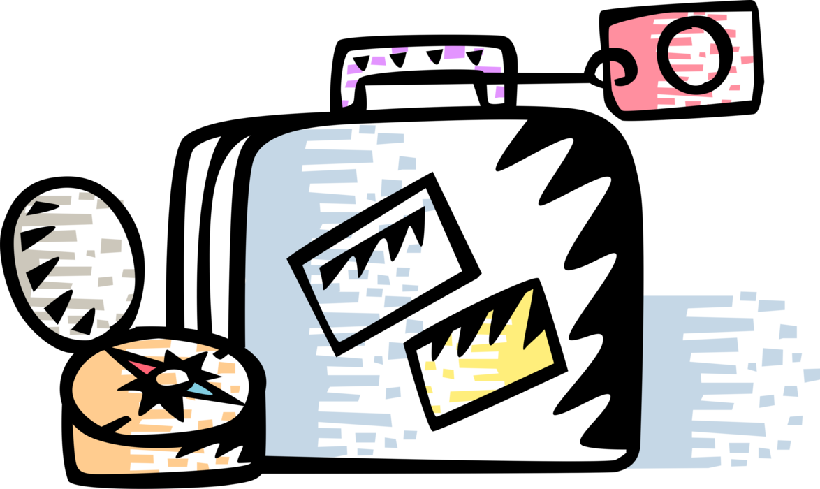 Vector Illustration of Traveler's Baggage or Luggage Suitcase with Magnetic Navigation Compass