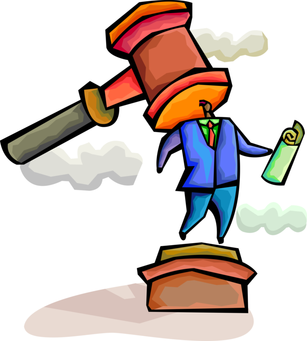 Vector Illustration of Businessman Ruled in Contempt of Law Courts with Judge's Gavel Ceremonial Mallet Ruling