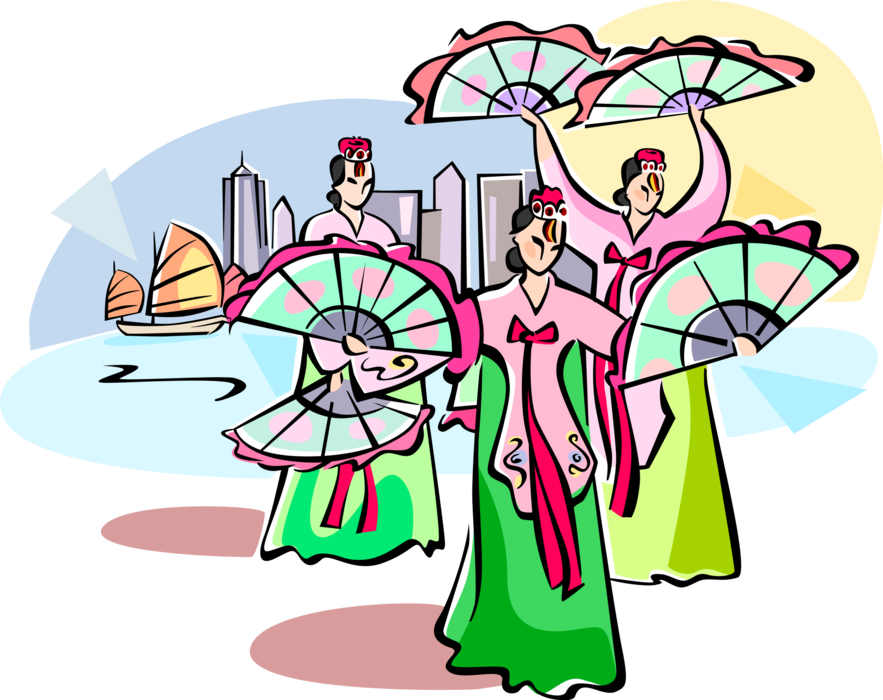 Vector Illustration of Dancing Women with Fans