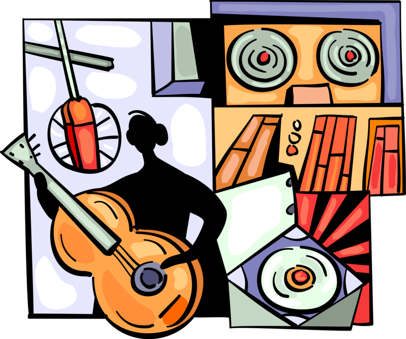 Vector Illustration of Musician in Recording Studio Playing Acoustic Guitar and Singing with Music CD 