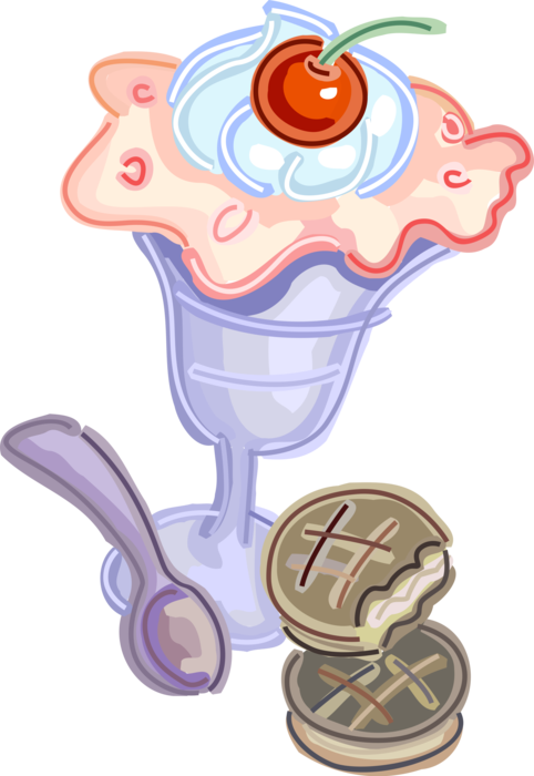 Vector Illustration of Gelato Ice Cream Sundae with Cherry and Whipped Cream, Spoon and Cookie Biscuits