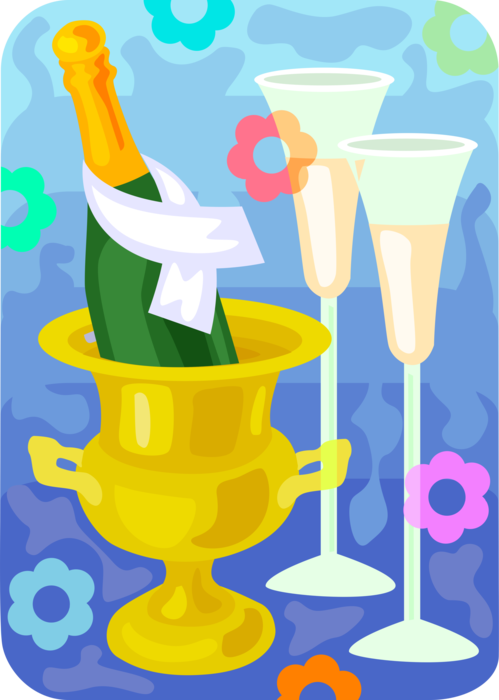 Vector Illustration of Champagne Glasses and Bottle of Bubbly Chilling in Ice Bucket