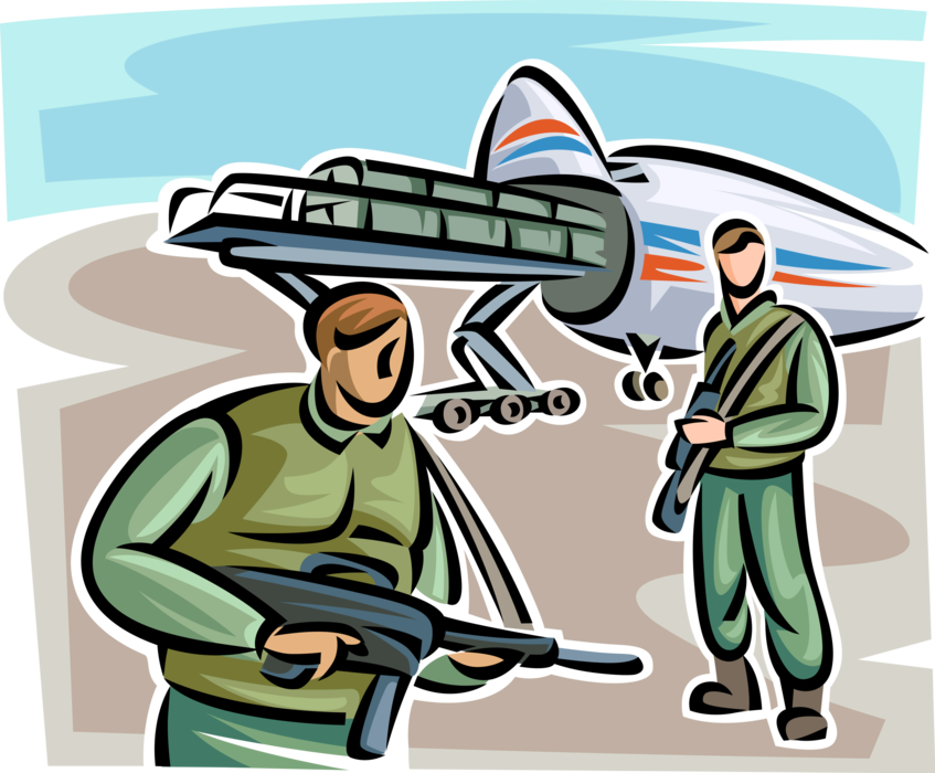 Vector Illustration of Heavily Armed United States Army Soldiers Protect Military Weapons Cargo Aircraft