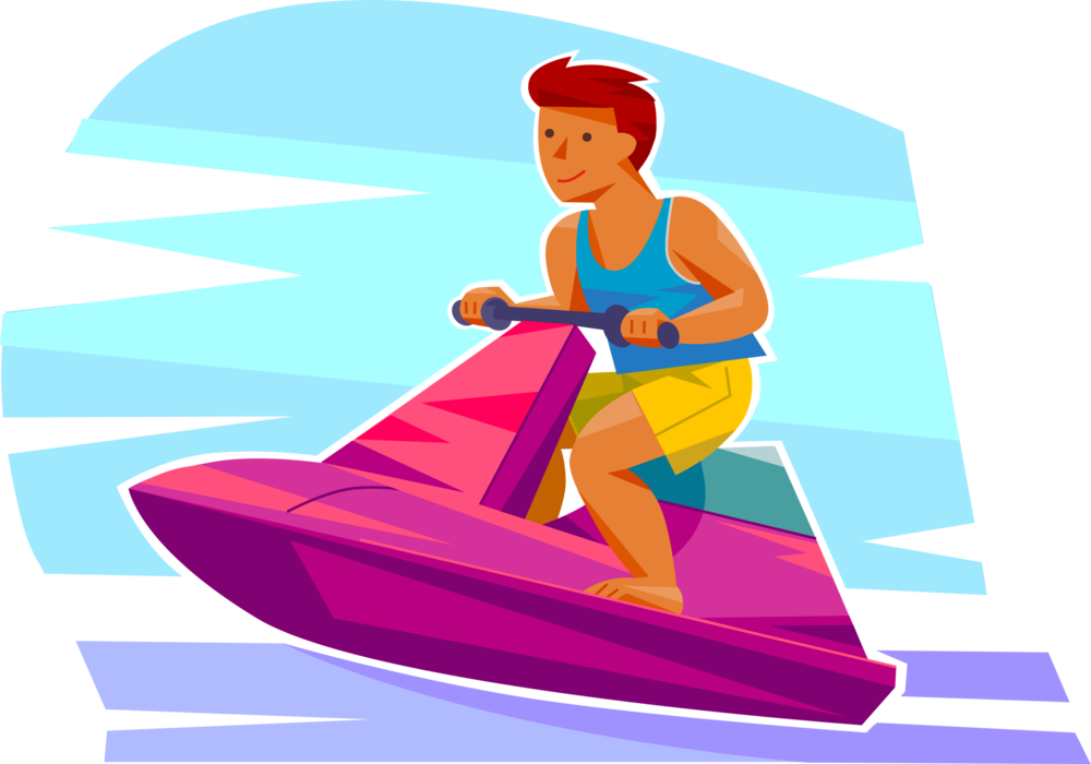 Vector Illustration of Young Boy Rides Personal Watercraft Personal Watercraft Water Sports Sea-Doo Jet Ski