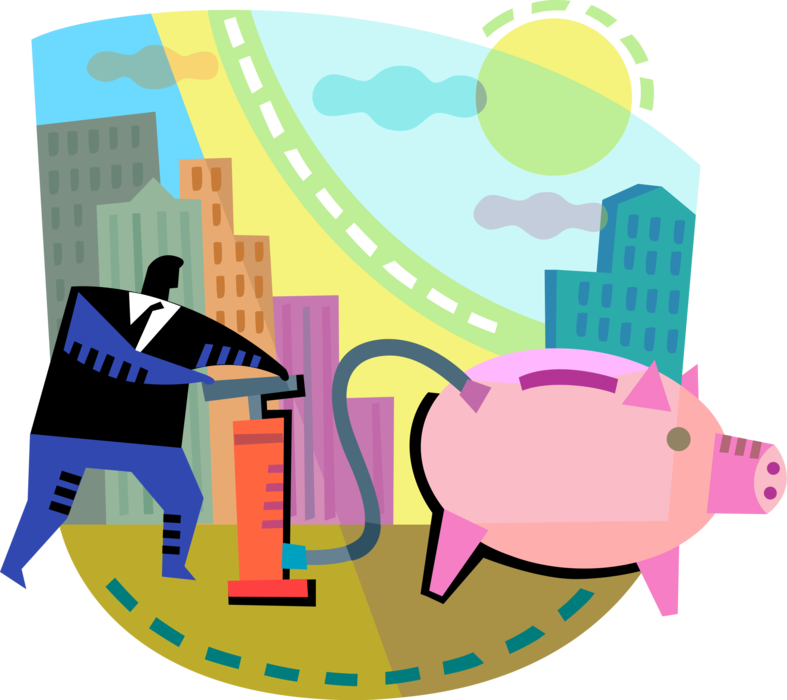 Vector Illustration of Businessman Inflates Personal Finances Investment Money in Savings Piggy Bank with Bicycle Pump