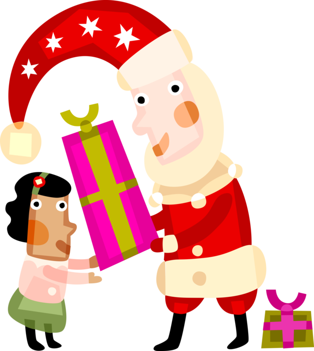 Vector Illustration of Santa Claus, Saint Nicholas, Saint Nick, Father Christmas, Delivers Present Gift to Girl